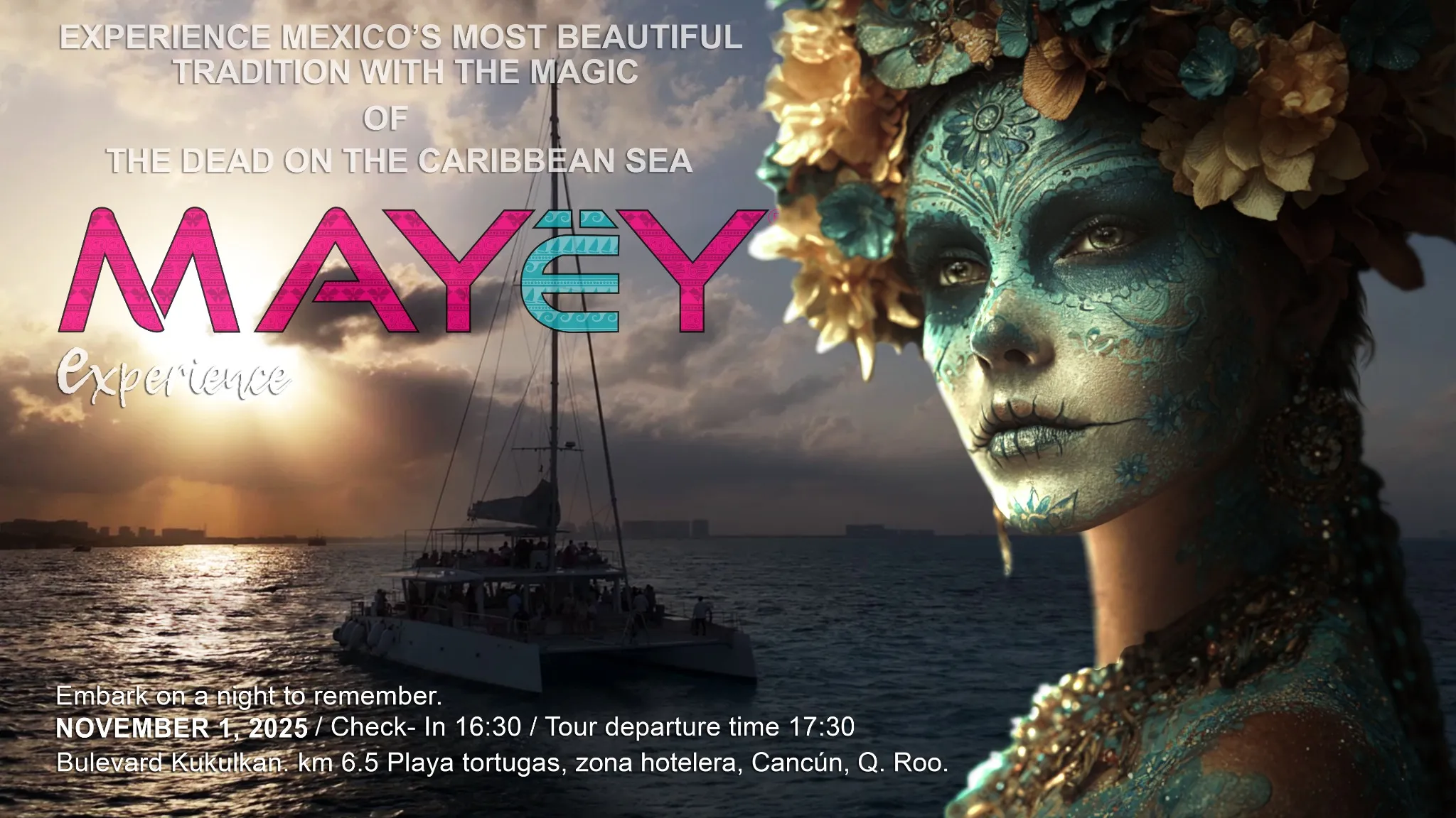 Day of the Dead catamaran in Cancun by Mayëy with open bar, live DJ & sax and sunset views